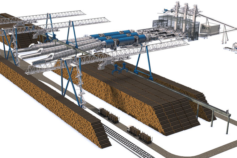 Kuvassa on korkeassa pinossa tukkeja, joka kuvaa puukentän autonomista järjestelmää, jossa tukkeja hakemaan tulleiden kuorma-autojen kohtaamiset on vältetty yksisuuntaisella kiertoreitillä.