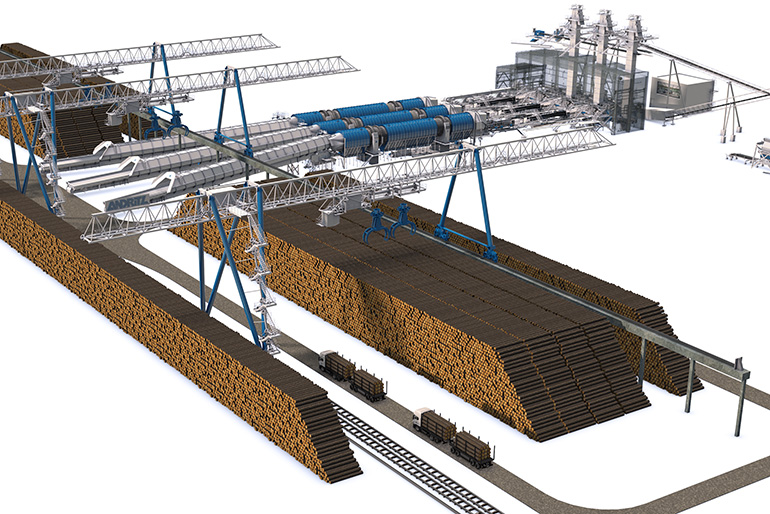 Kuvassa on korkeassa pinossa tukkeja, joka kuvaa puukentän autonomista järjestelmää, jossa tukkeja hakemaan tulleiden kuorma-autojen kohtaamiset on vältetty yksisuuntaisella kiertoreitillä.