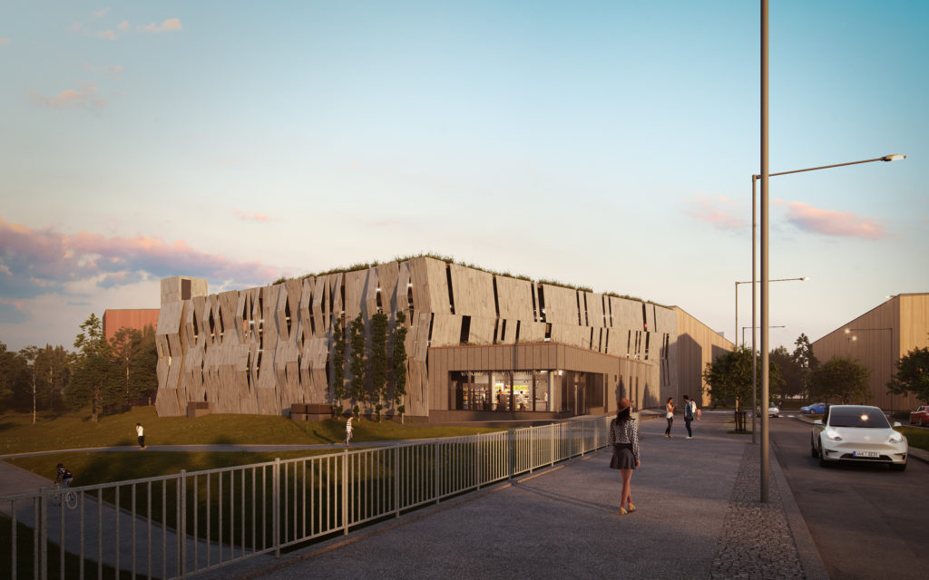 Puujulkisivuinen parkkitalo.