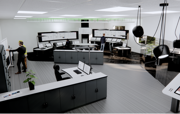 Keskusvalvomo, jossa on useita työpisteitä.