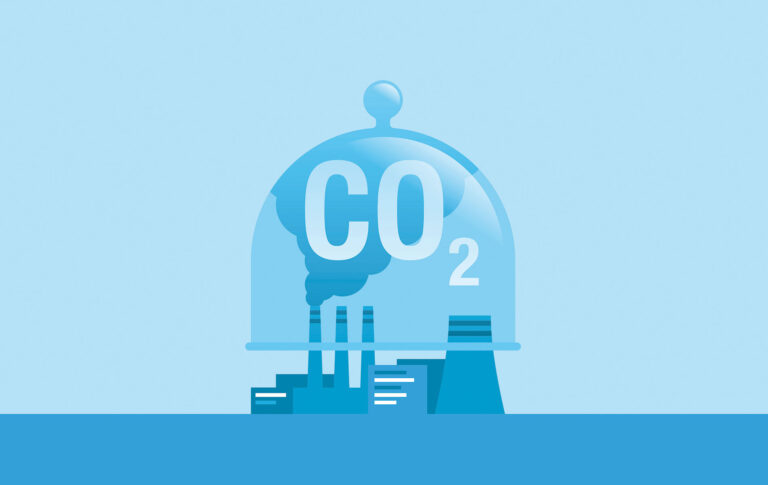 Piirroskuva tehtaasta, jonka yläpuolella on kupu hiilidioksidin keräämistä varten.